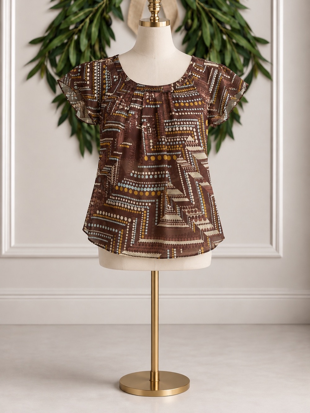 J Jill 100% Silk Brown Pink Blue Flutter Sleeve Flowy Blouse XSP